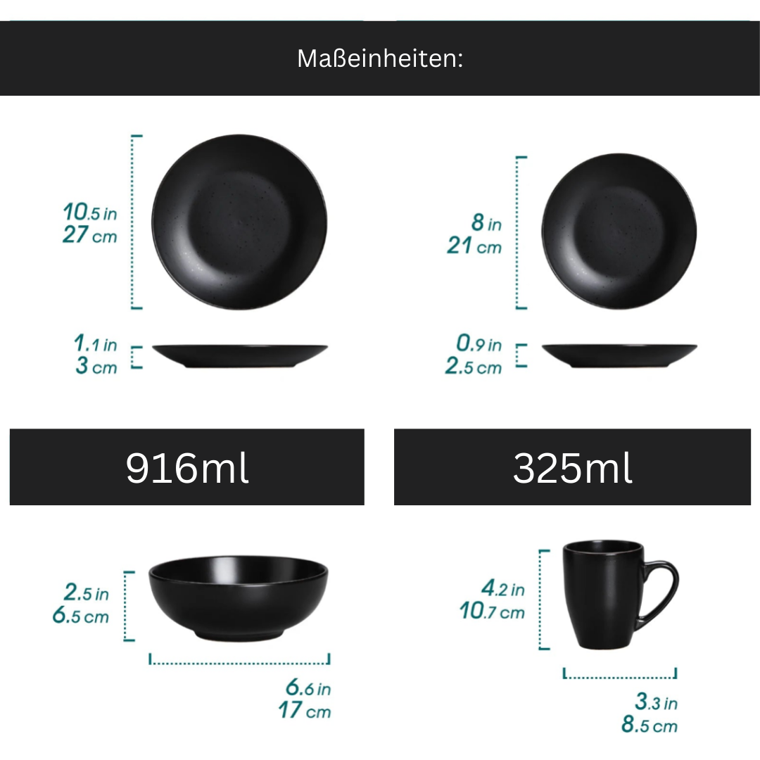 16/32-teiliges Keramikgeschirr in Mattschwarz mit edlem Rand