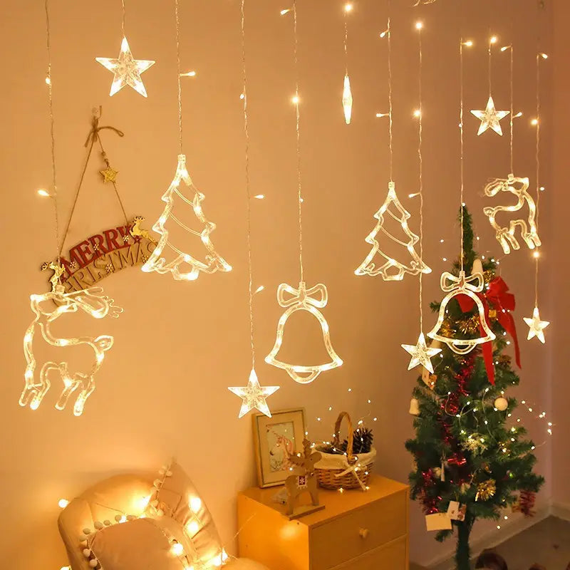 LED-Fensterlicht Weihnachten – 3,5 m Lichtervorhang mit Stern, Glocke & Rentier