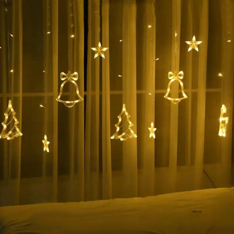 LED-Fensterlicht Weihnachten – 3,5 m Lichtervorhang mit Stern, Glocke & Rentier