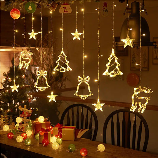 LED-Fensterlicht Weihnachten – 3,5 m Lichtervorhang mit Stern, Glocke & Rentier